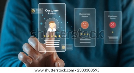Human touching on screen give feedback icon satisfaction survey, five star, customer, satisfaction, review, feedback, top service excellent, Quality assurance 5 star, positive, customer service