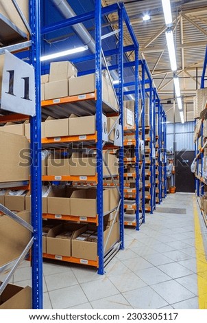 High racks in the warehouse of goods. High quality photo