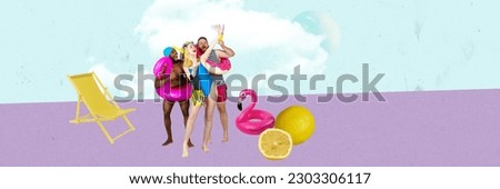 Group of friends, man and woman in swimsuits taking selfie. Summertime vacation and party. Contemporary art. Creative design. Concept of travelling, creativity, inspiration. Banner. Copy space for ad