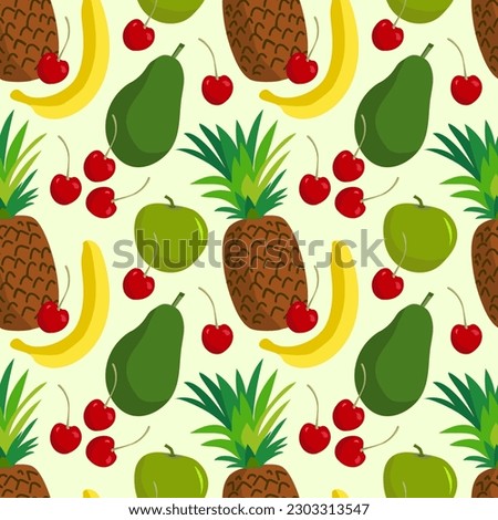 Pattern with pineapple, banana, Cherry,  apple, avocado. Bright fruit pattern. Red, green, brown colors. For menu design, wrapping paper, textiles