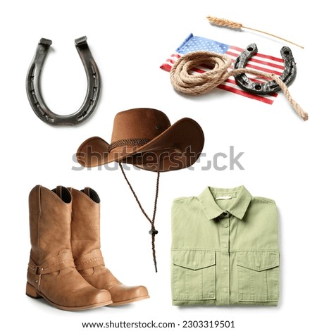 Set of cowboy accessories and USA flag on white background
