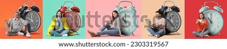 Collage with different people and big alarm clocks on color background Royalty-Free Stock Photo #2303319567