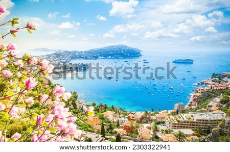lanscape of riviera coast, turquiose water and blue sky of cote dAzur at spring day, France Royalty-Free Stock Photo #2303322941