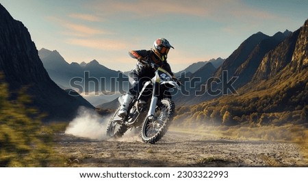 Man, professional motorcyclist in full moto equipment riding crops enduro bike on mountain road at sunset. 3D render background. Concept of motosport, speed, hobby, journey, activity Royalty-Free Stock Photo #2303322993