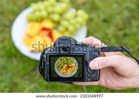 A plate with nectarines and grapes on the screen of a camera held in a hand