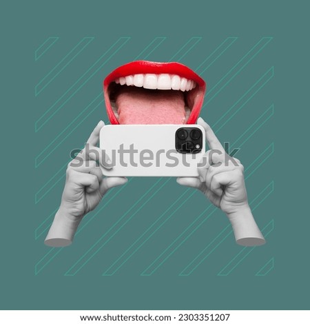 Mobile phone with photo camera in hands taking picture and woman's mouth with red lips showing tongue on sage green background. 3d trendy collage in magazine style. Contemporary art. Modern design