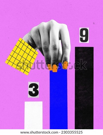 Contemporary art collage of female hand showing chart of company income over purple color background. Creative artwork. Concept of business, career growth, success, financial growth, leadership, ad