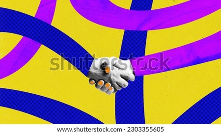 Contemporary art collage with male and female palms shaking hands over multicolored background. Creative artwork, surrealism. Concept of cooperation, partnership, career, success, leadership, ad