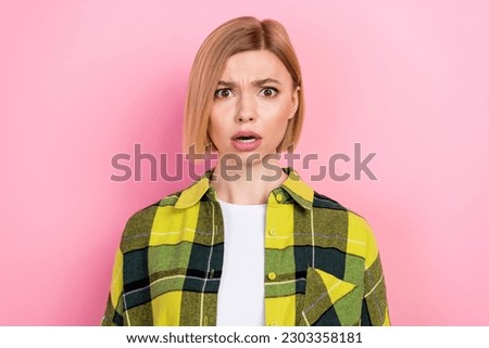 Photo of shocked speechless girl open mouth staring cant believe isolated on pink color background Royalty-Free Stock Photo #2303358181