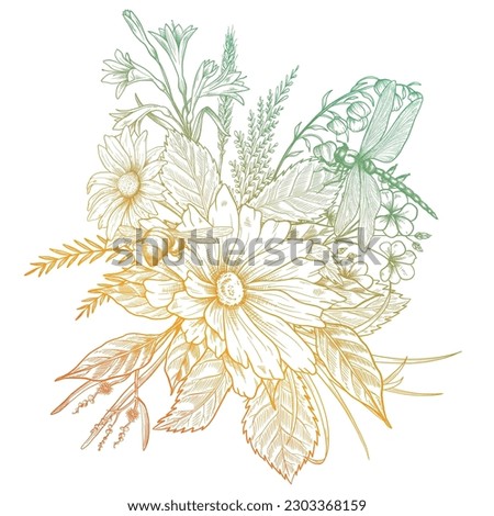 A bouquet of early spring flowers. Botanical style of engraving illustration. Vector. Gradient