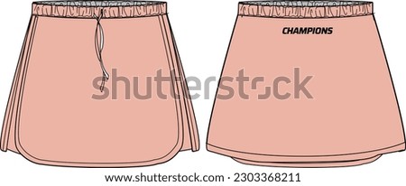 Women running mini skirt jersey design flat sketch fashion Illustration for girls and Ladies, Tennis skirt concept with front and back view for Trail and tracking active wear. Royalty-Free Stock Photo #2303368211