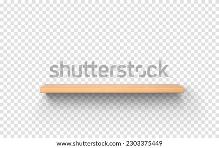 Realistic wooden shelf with shadow on isolated background. Minimal scene with yellow table podium for product presentation. Clean blank shelf kitchen, bathroom,interior mockup. Vector 3d illustration Royalty-Free Stock Photo #2303375449