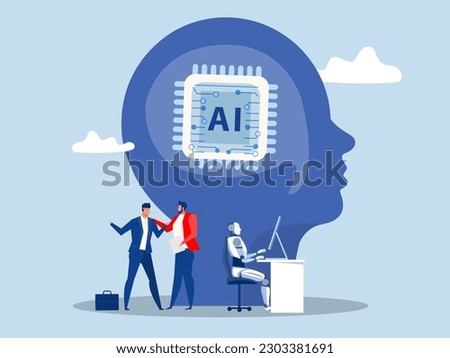 Business industry robot factory concept Robotic system control  put AI processing chip into human brain with AI, Artificial Intelligence,robot and automation innovation concept vector Royalty-Free Stock Photo #2303381691