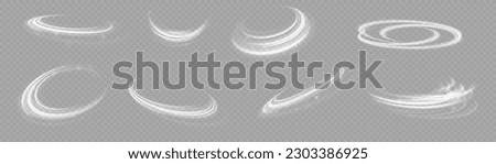 Light blue glowing effect. Glowing white speed lines. Abstract traffic lines on the road. Light dust trail wave, fire path trace line, car headlights, optical fiber and filament curve swirl png. Royalty-Free Stock Photo #2303386925