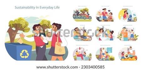 Sustainable living set. Sustainability and eco-friendly tips for every-day life. Children learning about energy efficiency, recycling and carbon footprint reduction. Flat vector illustration Royalty-Free Stock Photo #2303400585