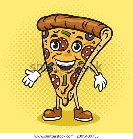 cartoon pizza slice character pinup pop art retro raster illustration. Comic book style imitation.