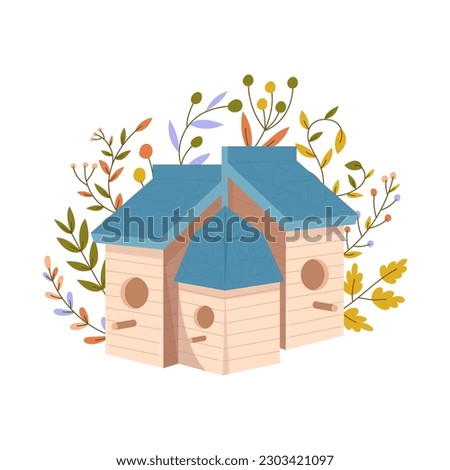 Wooden birdhouses with leaves and flowers, colorful bird feeders in different designs. Birdhouses, house or nest with round, arched or heart holes Sweet Homes. Cartoon vector stock illustration.
