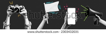 Collage element with hands and cutout shape and doodle element. Vintage vector set. Retro halftone effect. Hand gestures with the camera and the flag. Pack for advertising.  Royalty-Free Stock Photo #2303432031