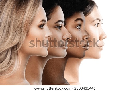 Multi-ethnic diversity and beauty. Group of different ethnicity women against white background.































