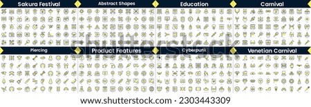 Linear Style Icons Pack. In this bundle include sakura festival, abstract shapes, education, carnival, piercing, product features, cyberpunk, venetian carnival