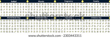 Linear Style Icons Pack. In this bundle include safari, picnic, pregnancy, poverty, world book day, mental health, electricity, childrens day