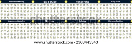 Linear Style Icons Pack. In this bundle include neuromarketing, taxi service, handcrafts, fairy tale, japanese wedding, nature, railway, morning routine