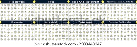 Linear Style Icons Pack. In this bundle include needlework, pets, food and restaurant, communication and media, kindergarten, jazz music, fake news, protection and security