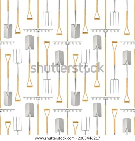 Seamless pattern with gardening equipment and garden tools, rake, spade and fork with wooden handle, top view isolated on white background. Wrapper template for greenhouse, or vegetable garden.
