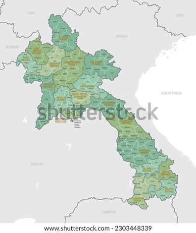 Detailed map of Laos with administrative divisions into Provinces and Districts, major cities of the country, vector illustration onwhite background Royalty-Free Stock Photo #2303448339