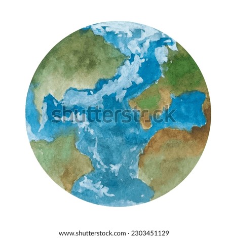 Planet Earth water color illustration. Symbol of life, nature, foundation, ecology, international events. Hand drawn watercolour painting on white background, isolated clip art element for design.