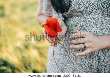 Beautiful woman holding poppy flower in sunset light close up in field. Atmospheric tranquil moment, rustic slow life. Stylish female gathering wildflowers and enjoying evening summer countryside