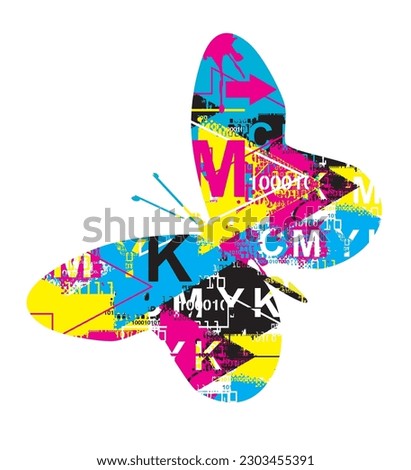 Butterfly  with cmyk colors arrows and binary codes. 
Illustration of colorful silhouette of butterfly. Concept for presenting of easy color printing. Vector available.