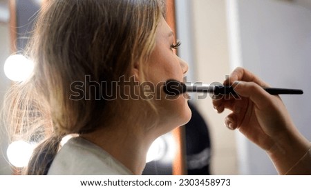 Make-up artist applies blush to the model. This is a concept lifestyle makeup photo.