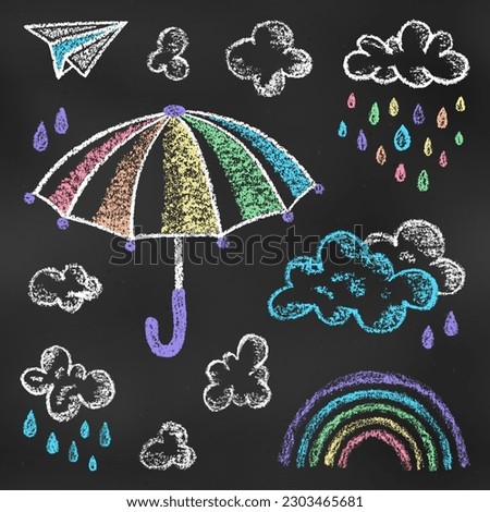 Set of Design Elements Rainbow Umbrella, Clouds, Drops, Paper Airplane Isolated on Chalkboard Backdrop. Realistic Chalk Drawn Sketch. Kit of Textural Crayon Drawings of Rainy Symbols on Blackboard.