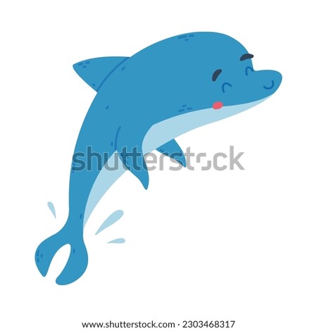 Cute friendly blue dolphin jumping cartoon vector illustration