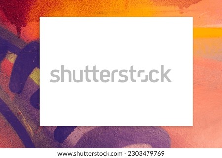 Mock up. Blank white board, billboard, advertising, public information board on colorful graffiti wall with orange, yellow, purple colors streaks of paints and paint sprays