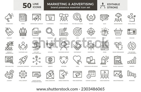 Marketing and advertising line icon set. 50 editable stroke vector graphic elements, Essential brand presence toolkit