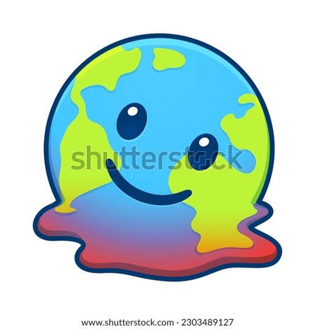 Cartoon Earth melting in red hot puddle of extreme heat. Global warming and climate crisis vector clip art illustration.