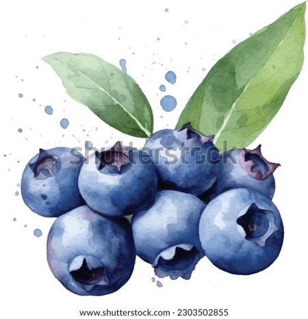 Watercolor illustration of blueberry and leaf with paint smudges and splashes. Royalty-Free Stock Photo #2303502855