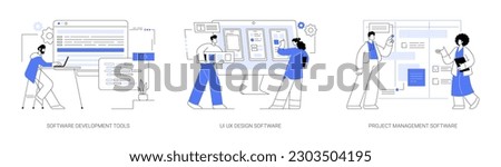IT software abstract concept vector illustration set. Software development tools, programming and coding, UI UX design creation, professional project manager working on timeline abstract metaphor. Royalty-Free Stock Photo #2303504195