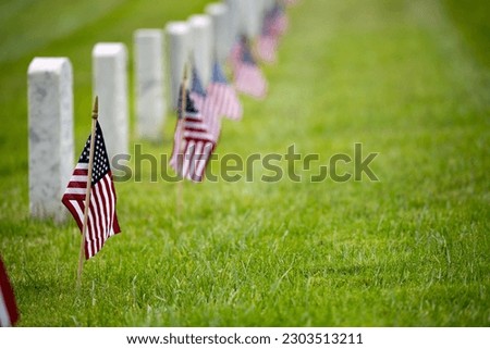 A row of American Flags and gravestones in a National Cemetery - Memorial Day Royalty-Free Stock Photo #2303513211