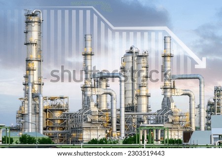 Oil gas refinery or petrochemical plant. Include arrow, graph or bar chart. Decrease trend or low of production, market price, demand, supply. Concept of business, industry, fuel, power energy. Royalty-Free Stock Photo #2303519443