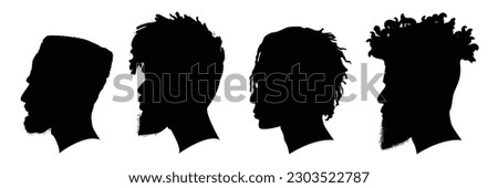 Silhouettes of African American men part 2, profile with various hairstyles, contour on white background. Vector illustration.
