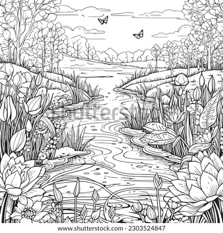 coloring page with a lake view and garden in garden for adults, in the style of dark white and light silver, whimsical illustration, characterful pen and ink, timeless artistry Royalty-Free Stock Photo #2303524847