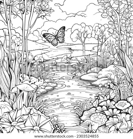 coloring page with a lake view and garden in garden for adults, in the style of dark white and light silver, whimsical illustration, characterful pen and ink, timeless artistry Royalty-Free Stock Photo #2303524855
