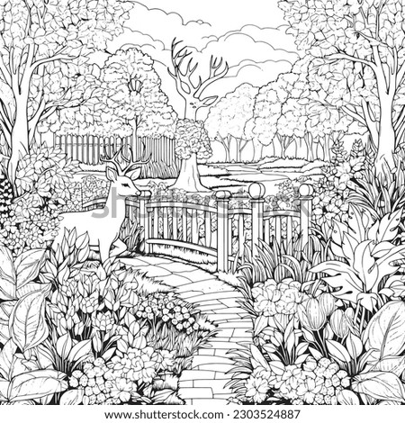coloring page with a lake view and garden in garden for adults, in the style of dark white and light silver, whimsical illustration, characterful pen and ink, timeless artistry Royalty-Free Stock Photo #2303524887