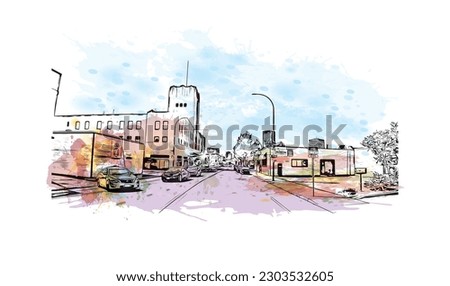 Building view with landmark of  Rochester is the city in New York State. Watercolor splash with hand drawn sketch illustration in vector.