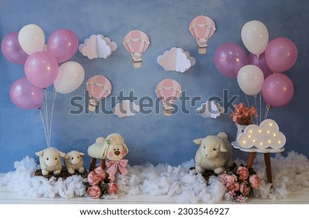 personalized balloon decoration for smash the cake studio photo shoots.
Great for family rehearsals and also for smash the cake. Royalty-Free Stock Photo #2303546927