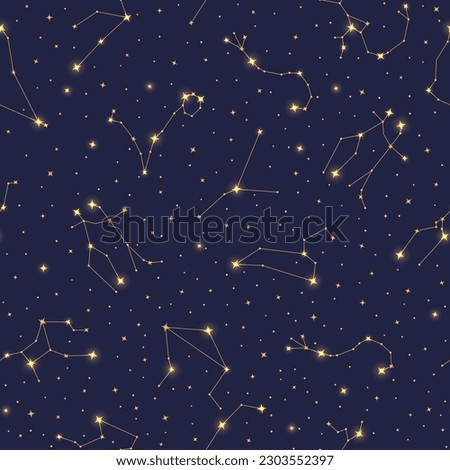 Golden zodiac signs seamless pattern, astrological symbols repeating print. Astronomy, astrology, horoscope signs, constellations of bright stars on night sky background vector illustration