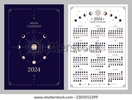 Moon phases whole cycle, moonlight activity stages design template. Astrology, astronomical lunar sphere shadow, whole cycle from new to full moon calendar banner, card vector illustration Royalty-Free Stock Photo #2303552399